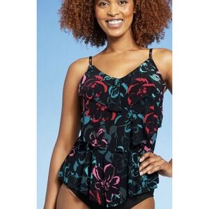 Women's Ruffle Tiered Tankini Top Aqua Green Size Small 4/6 Floral